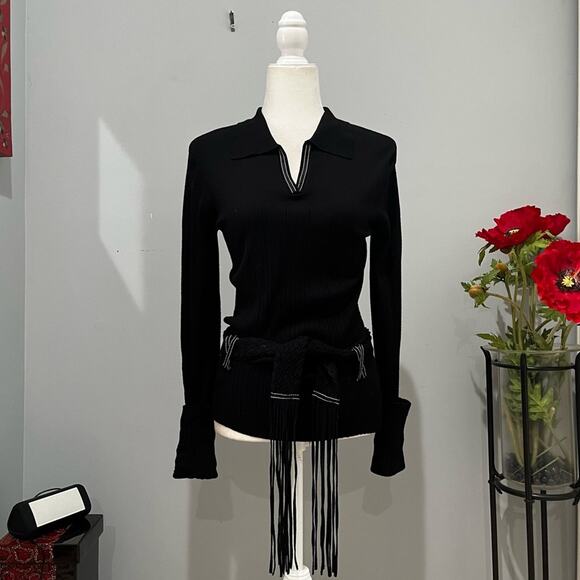 NEW Willi Smith Ribbed Boho Fringe Belted Contrast Longline Collar Sweater Top S - Picture 1 of 13